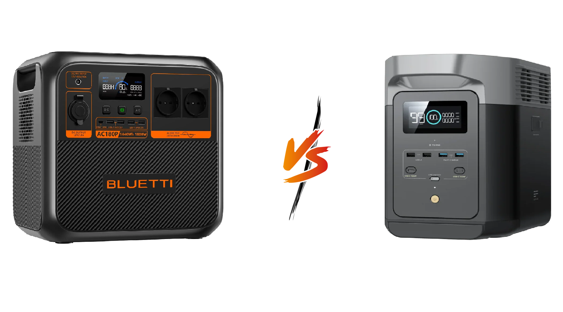 A photo of a Bluetti AC180P with the vs symbol next to an EcoFlow Delta 2.