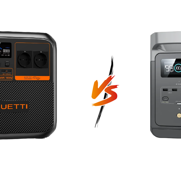 A photo of a Bluetti AC180P with the vs symbol next to an EcoFlow Delta 2.