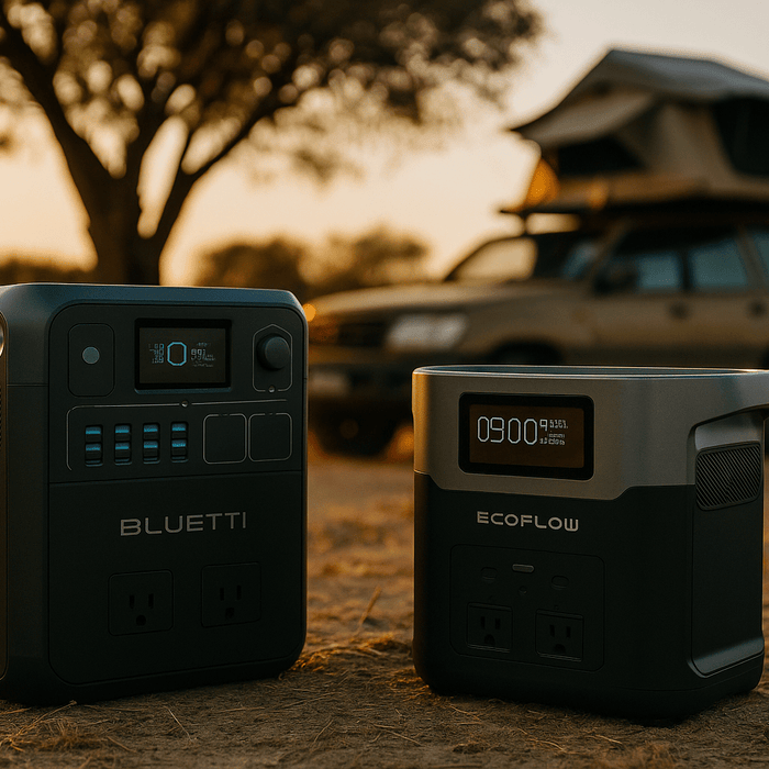 A photo of a Bluetti power station next to an EcoFlow power station with a car in the background.