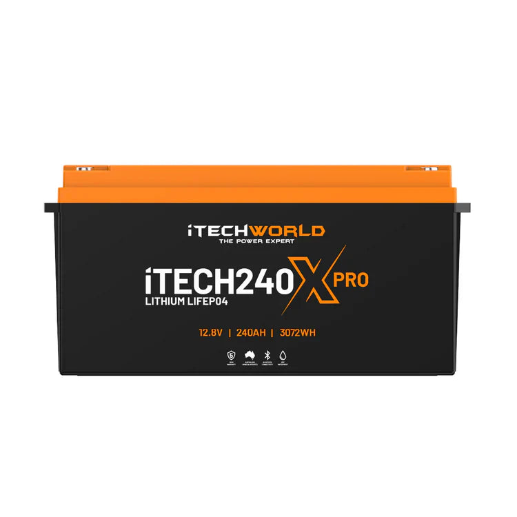 A photo of an iTech 240x pro lithium battery facing front on.