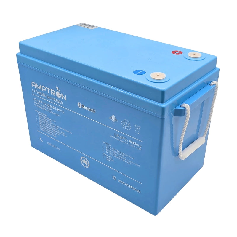 A photo of a blue amptron 12v 200ah 200a lithium battery facing side on with a white background.