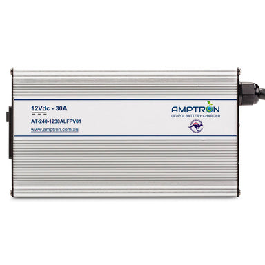 A photo of an Amptron 12V 30A ac-dc lithium battery charger facing front on with a white background.