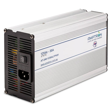 A photo of an Amptron 12V 30A ac-dc lithium battery charger on a slight angle with a white background.