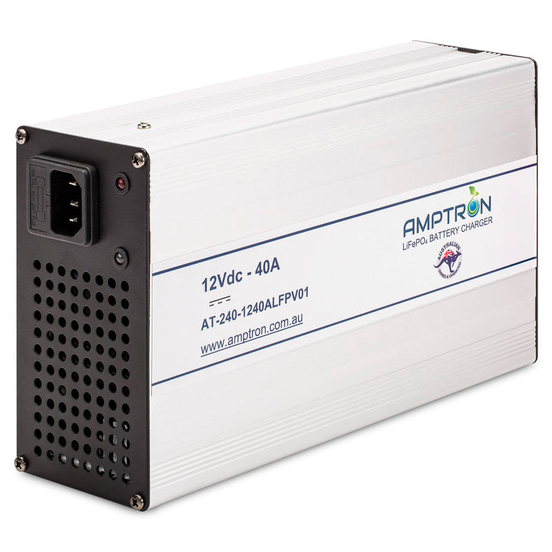 A photo of an Amptron 12V 40A ac-dc lithium battery charger slightly angled with a white background.