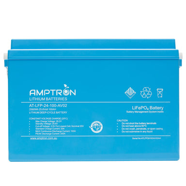 A photo of a blue Amptron 24v 100ah 100a lithium battery facing front on with a white background.