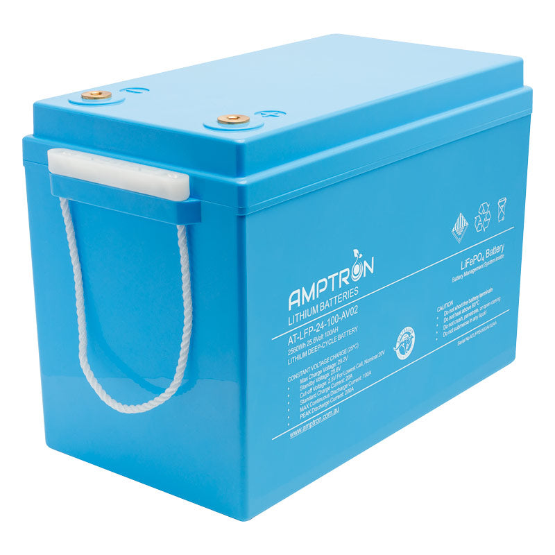 A photo of a blue Amptron 24v 100ah 100a lithium battery on a slight angle with a white background.