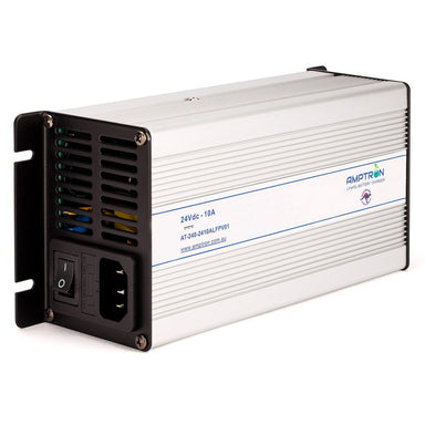 A photo of an Amptron 24V 10A ac-dc lithium battery charger slightly side on a white background.