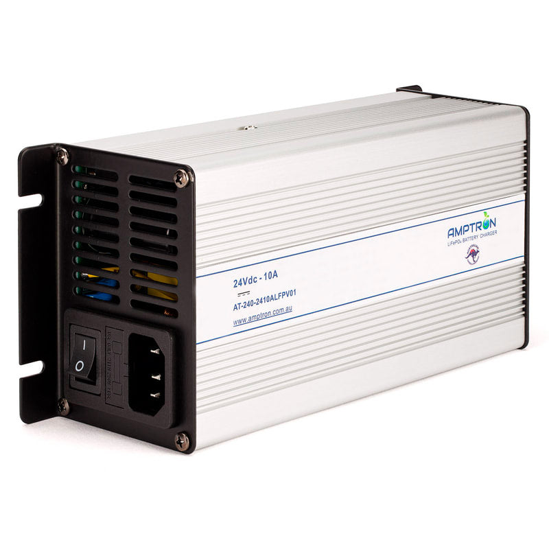 A photo of an Amptron 24V 10A ac-dc lithium battery charger slightly side on a white background.