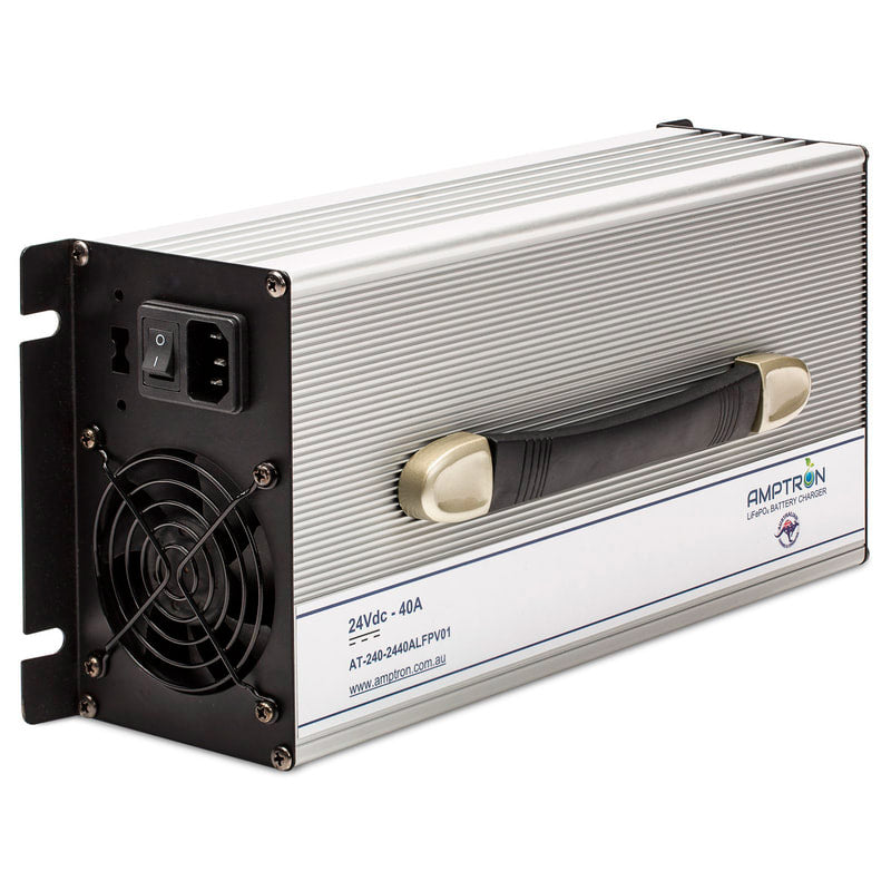 A photo of an amptron 24v 40a ac-dc battery charger on a slight angle with a white background.
