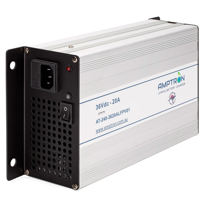 A photo of an Amptron 36V 20A ac-dc lithium battery charger facing slightly side on with a white background.