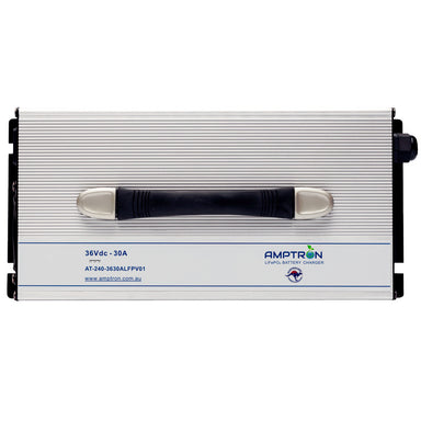 A photo of an Amptron 36V 30A AC-DC battery charger facing front on with a white background.