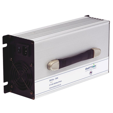A photo of an Amptron 36V 30A AC-DC battery charger on a slight angle with a white background.