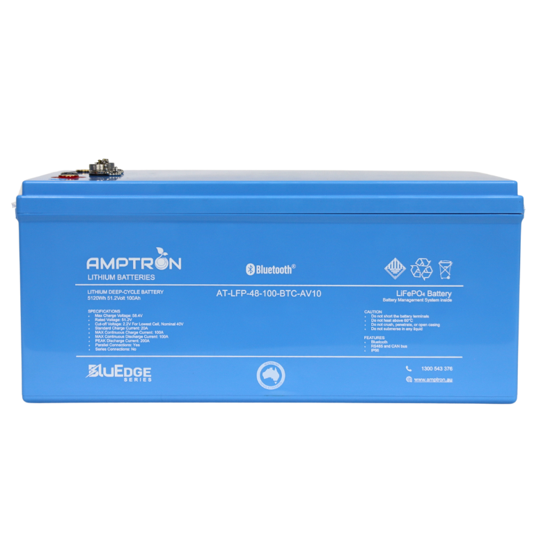 A photo of an Amptron 48V BluEdge 100ah 100a lithium battery facing directly front on with a white background.