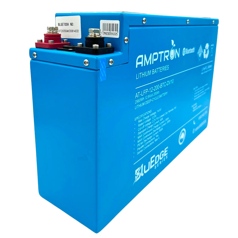 A photo of an Amptron BluEdge slimline 200ah lithium battery sitting on a slight angle.