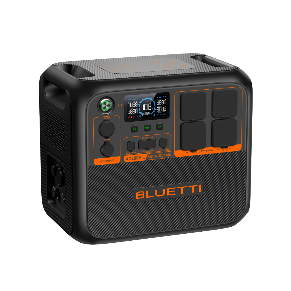 A photo of a bluetti AC200PL 2400W Portable Power Station Facing topside slightly to the right.