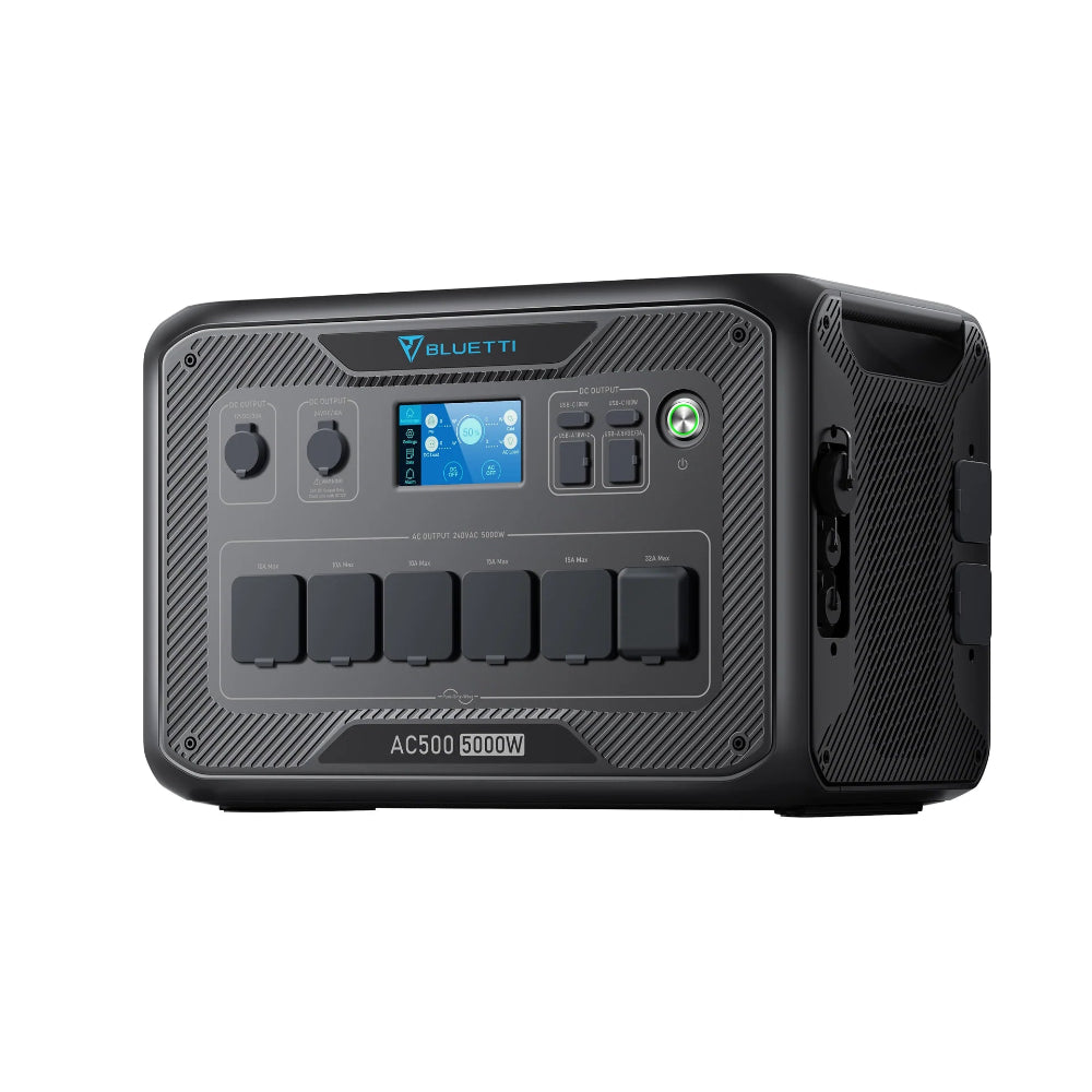 A photo of a bluetti ac500 5000w portable power station slanted slightly to the left.