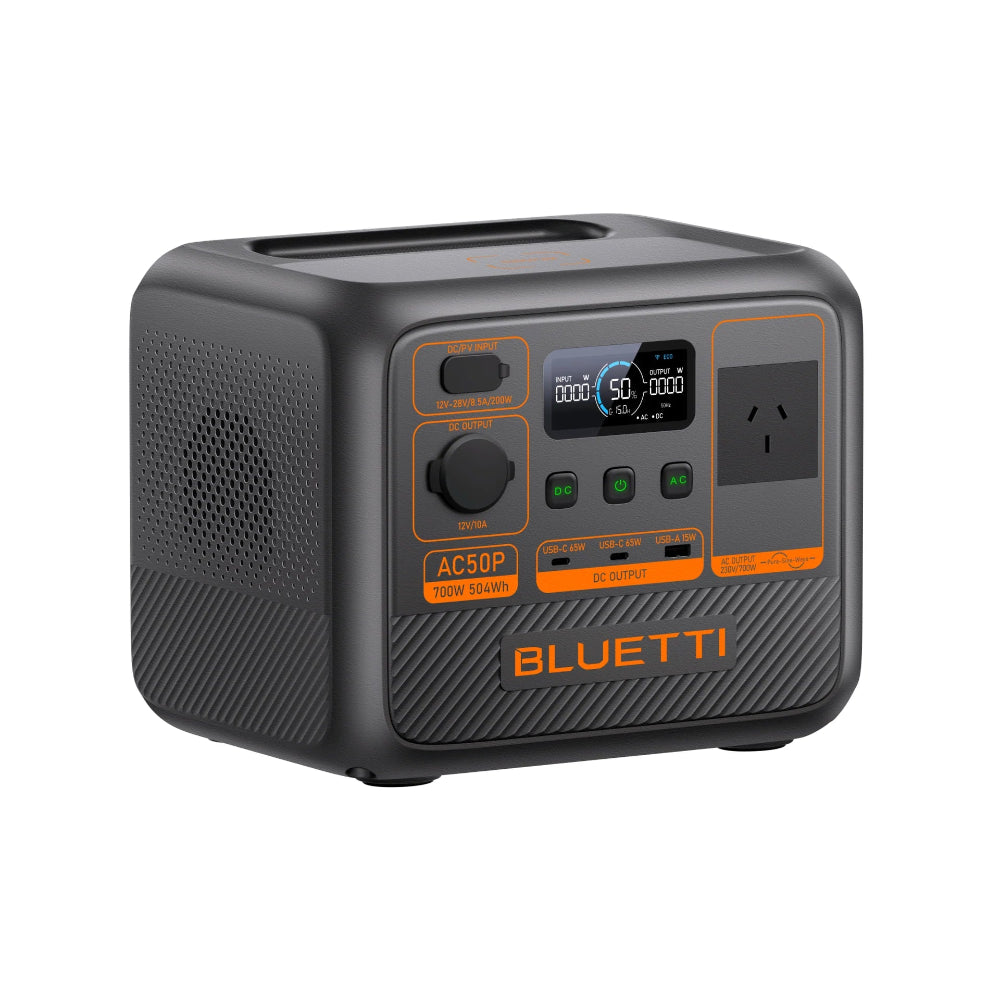 A photo showing a Bluetti AC50P 700W portable power station angled slightly to the left.