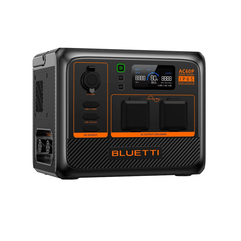 A picture of a bluetti AC60P 600W portable power station facing slightly to the left.
