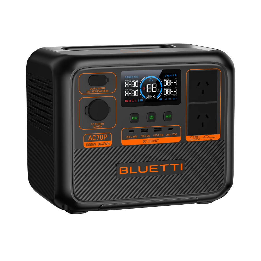 A photo of a bluetti ac70p 1000w portable power station angled slightly to the left.