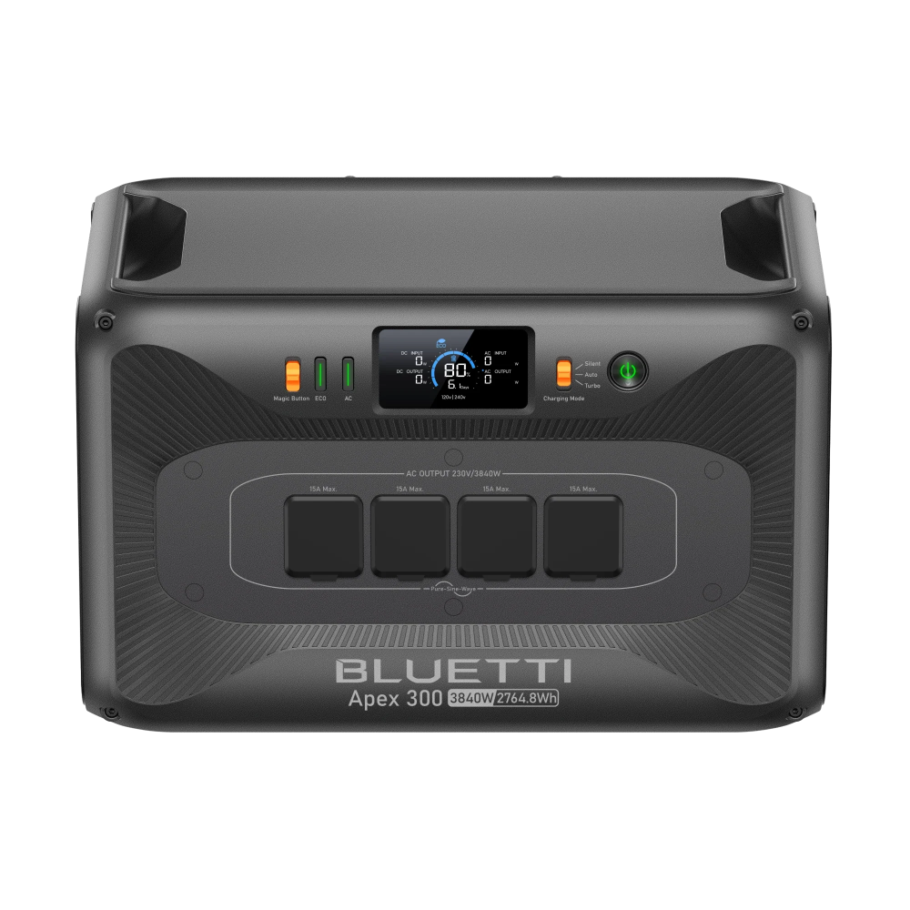 Top front view of a Bluetti Apex 300 Home battery backup system on a clear background.