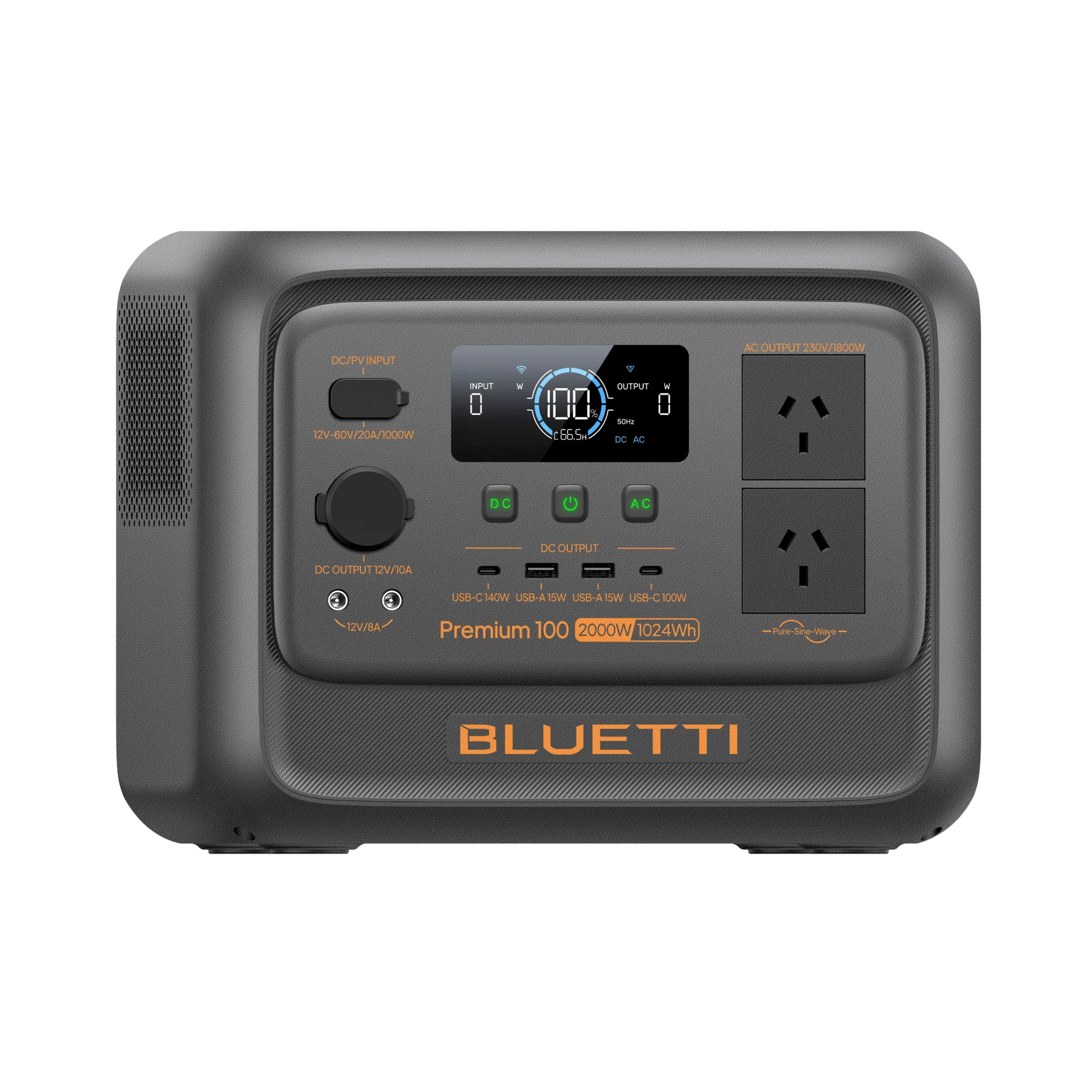 A photo of a Bluetti premium 100v2 1800w power station facing on a right side angle with a white background