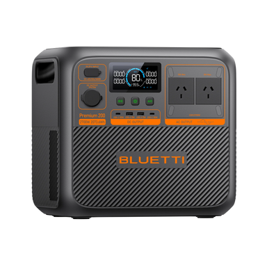 A photo of a bluetti premium 200v2 2700w portable power station slanted slightly to the left.