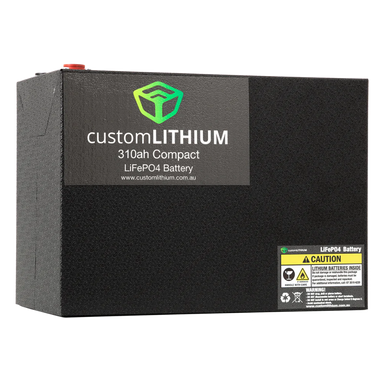 A photo showing the front of a custom lithium 310ah compact lithium battery.
