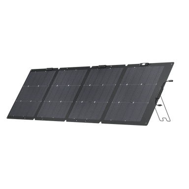 A photo of an EcoFlow 220w NextGen Bifacial Solar Panel standing upright on a slight angle with a white background.