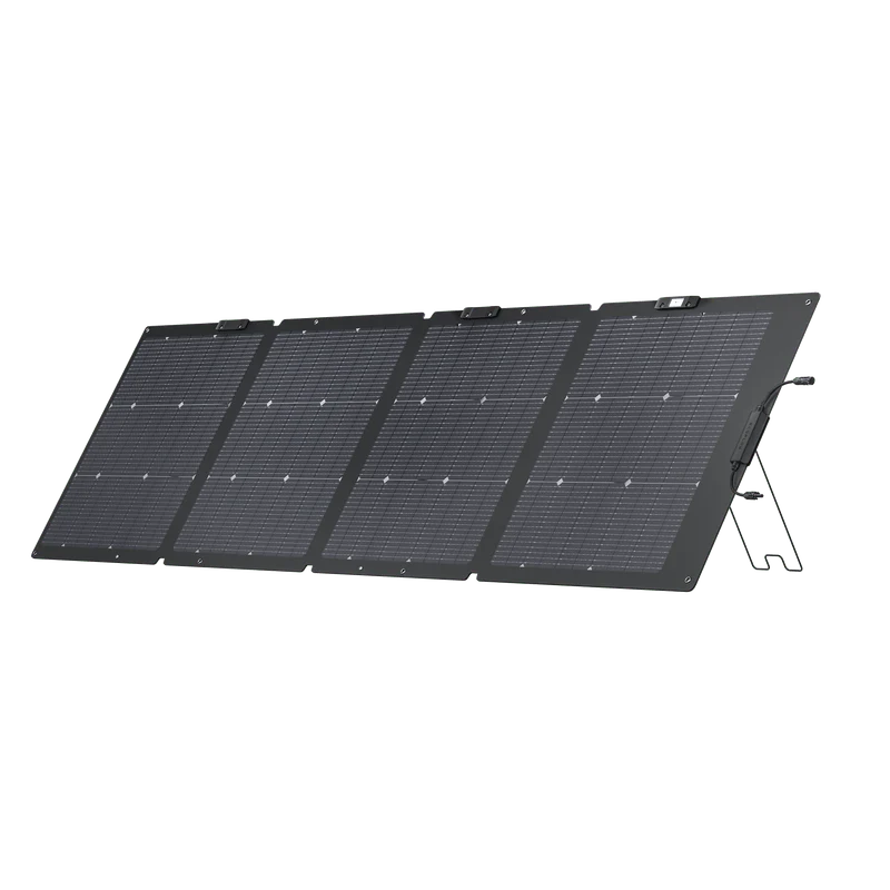 A photo of an EcoFlow 220w NextGen Bifacial Solar Panel standing upright on a slight angle with a white background.