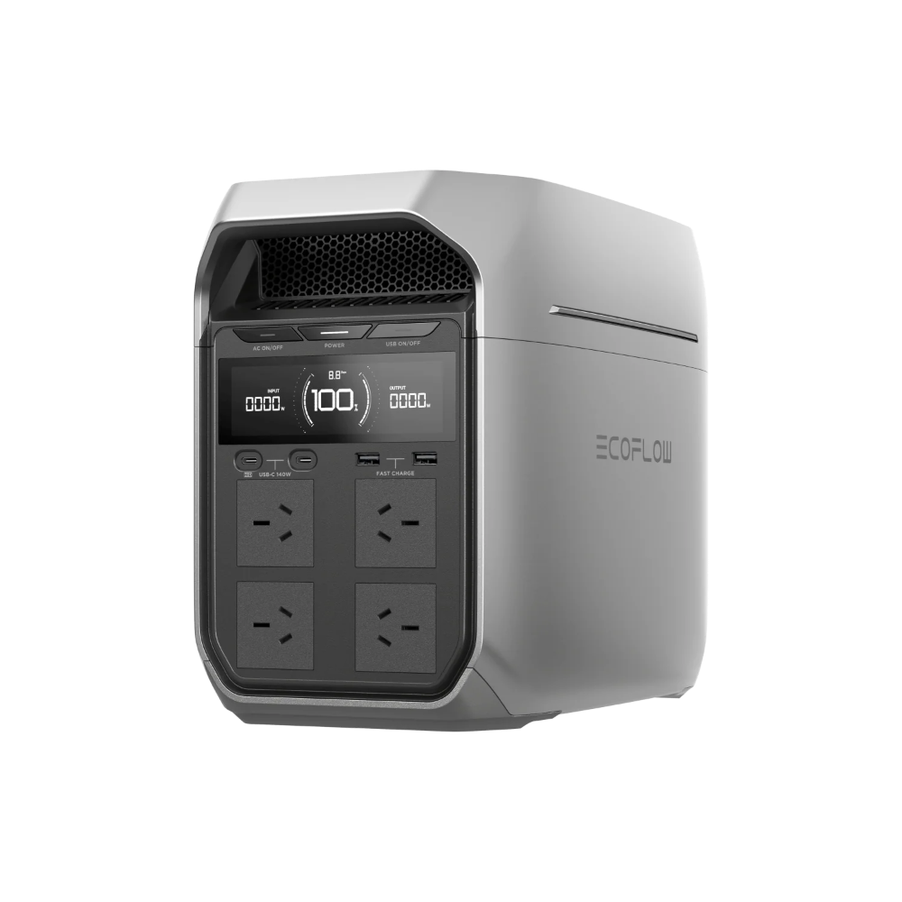 A photo of an EcoFlow Delta 3 plus portable power station sitting on a slight angle with a white background.