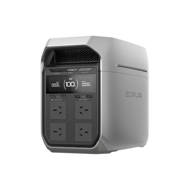 A photo of an EcoFlow Delta 3 plus portable power station sitting on a slight angle with a white background.