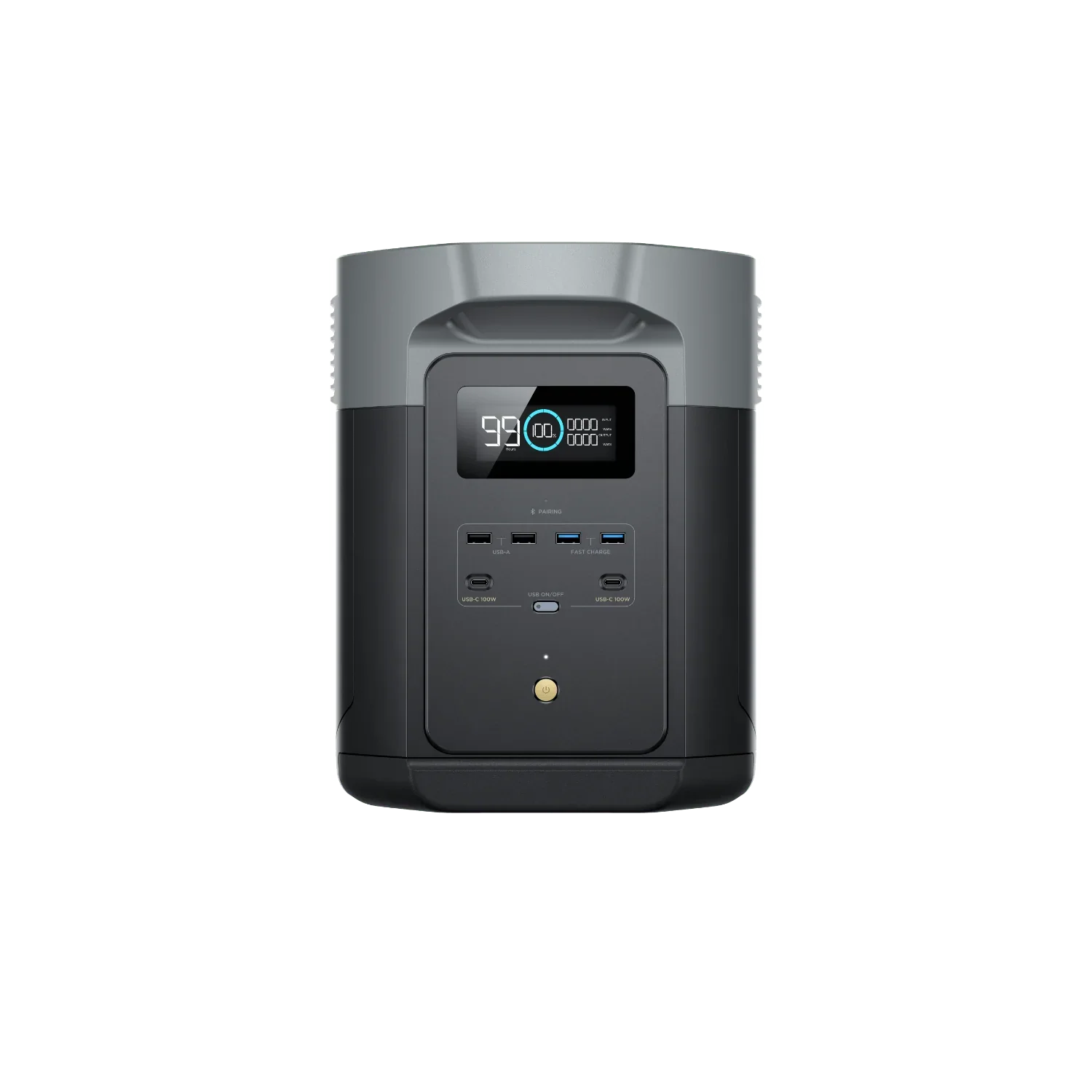 A photo of an EcoFlow Delta 2 Max Portable Power Station facing front on with a white background.