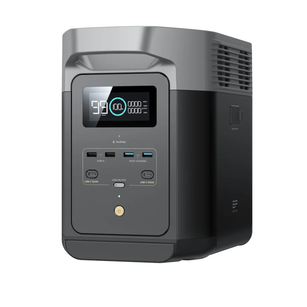 A photo of an EcoFlow Delta 2 Portable Power Station on a slight angle with a white background.
