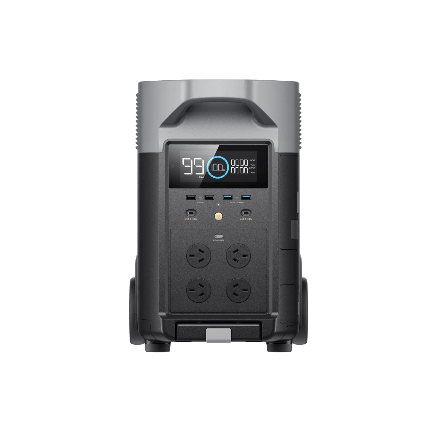 A photo of an EcoFlow Delta Pro portable power station facing front on with a white background.