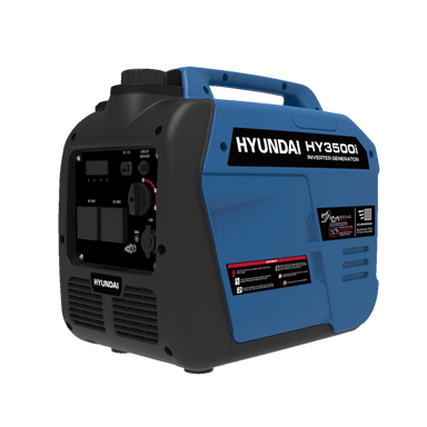 A photo of a Hyundai HY3500i 3500w Inverter Generator sitting on a slight right hand side angle with a white background.