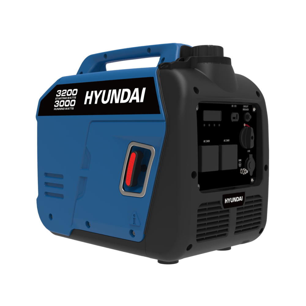 A photo of a Hyundai HY3500i 3500w Inverter Generator sitting on a slight left hand side angle with a white background.