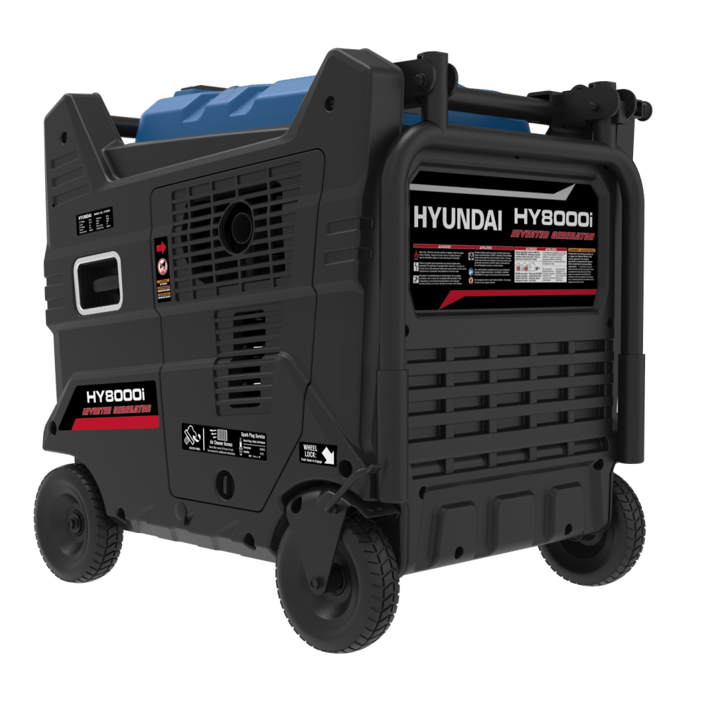 A photo showing a Hyundai HY8000i 8000w inverter generator on a slightly left side angle with a white background.