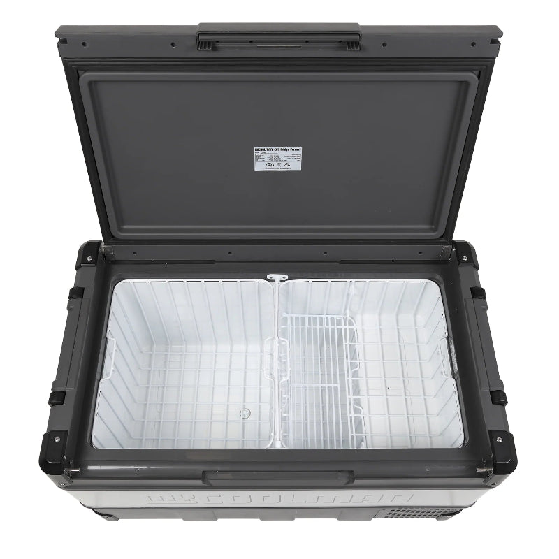 A photo of a MyCOOLMAN 105L Portable Car and Camping Fridge with it's compartments open