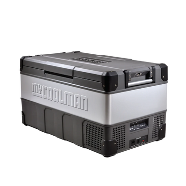 A photo of a MyCOOLMAN 105L Portable Car and Camping Fridge with its lid closed.