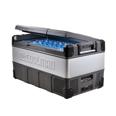 A photo of a MyCOOLMAN 105L Portable Car and Camping Fridge with its lid open.