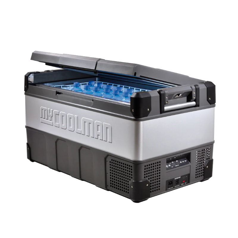 A photo of a MyCOOLMAN 105L Portable Car and Camping Fridge with its lid open.