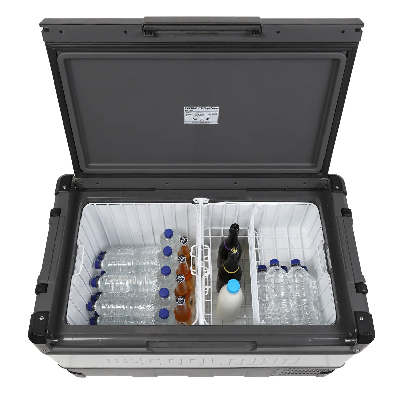 A photo of a MyCOOLMAN 105L Portable Car and Camping Fridge stocked with a range of drinks