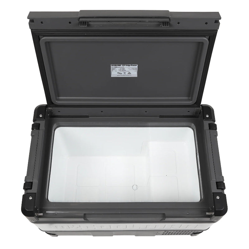 A photo of a MyCOOLMAN 60L Portable Car and Camping Fridge with an empty interior.