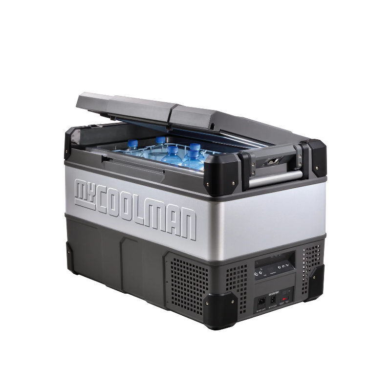A photo of a MyCOOLMAN 60L Portable Car and Camping Fridge with its lid open.
