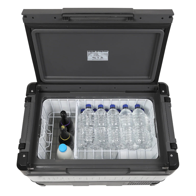 A photo of a MyCOOLMAN 60L Portable Car and Camping Fridge stocked up with water, milk and wine.