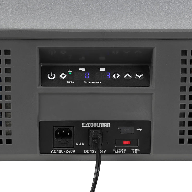 A photo of the display of a MyCOOLMAN 69L Dual Zone Portable Car and Camping Fridge