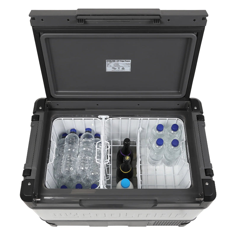 A photo of the interior of a MyCOOLMAN 73L Portable Car and Camping Fridge with drinks inside.