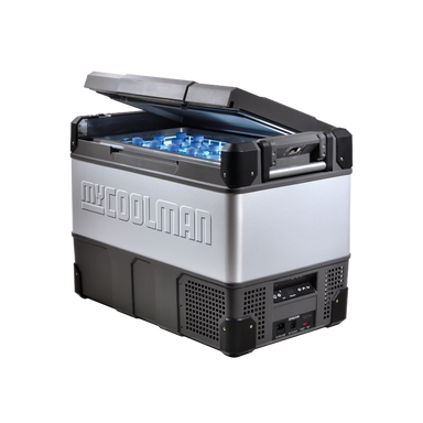 A photo of a MyCOOLMAN 73L Portable Car and Camping Fridge with its lid open.