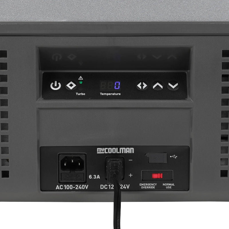 A photo of a MyCOOLMAN 73L Portable Car and Camping Fridges power sockets and temperature gauge