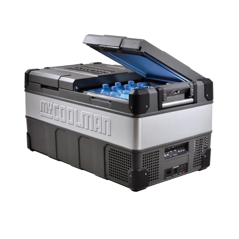 A photo of a MyCOOLMAN 85L Dual Zone Portable Car and Camping Fridge with its lid open.